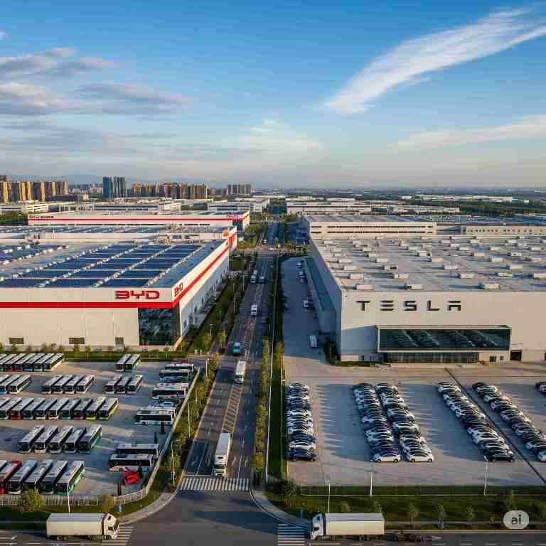 Tesla cars Factory and BYD car Factory